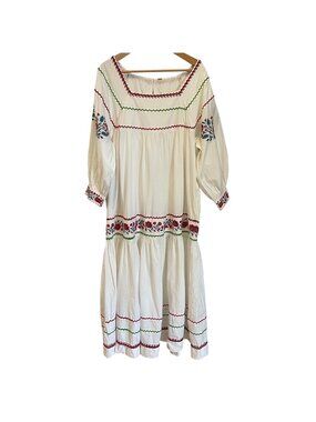 Free People Women Boho Embroidered Maxi Dress Size L Cottagecore Peasant Folk